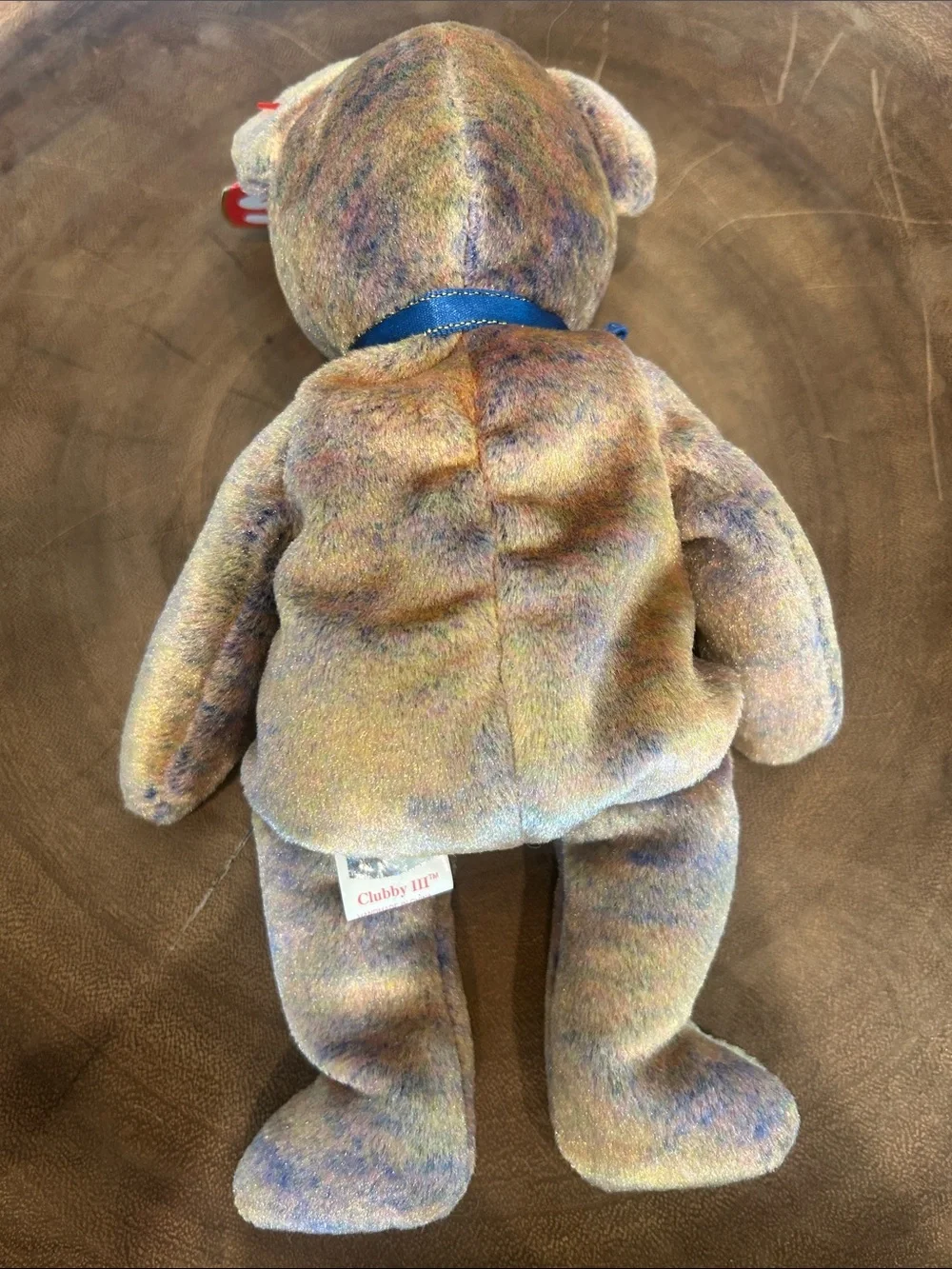 Ty Multicolor Plush Bear with Blue Ribbon and Heart Tag